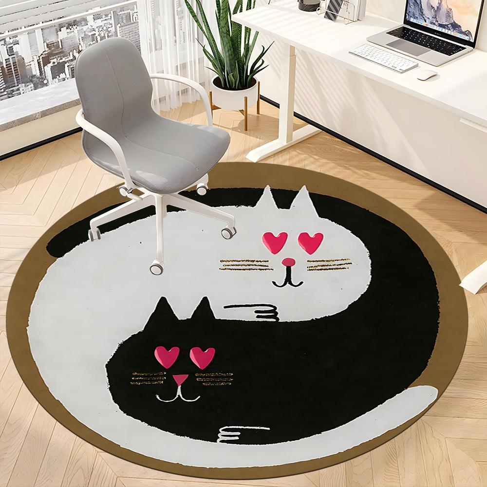 1pc Cats YinYang Office Round Area Rug, Indoor Mat Suitable ForOffice, Under Office Chairs Bedroom Living Room Home Decor, Room Deco 106