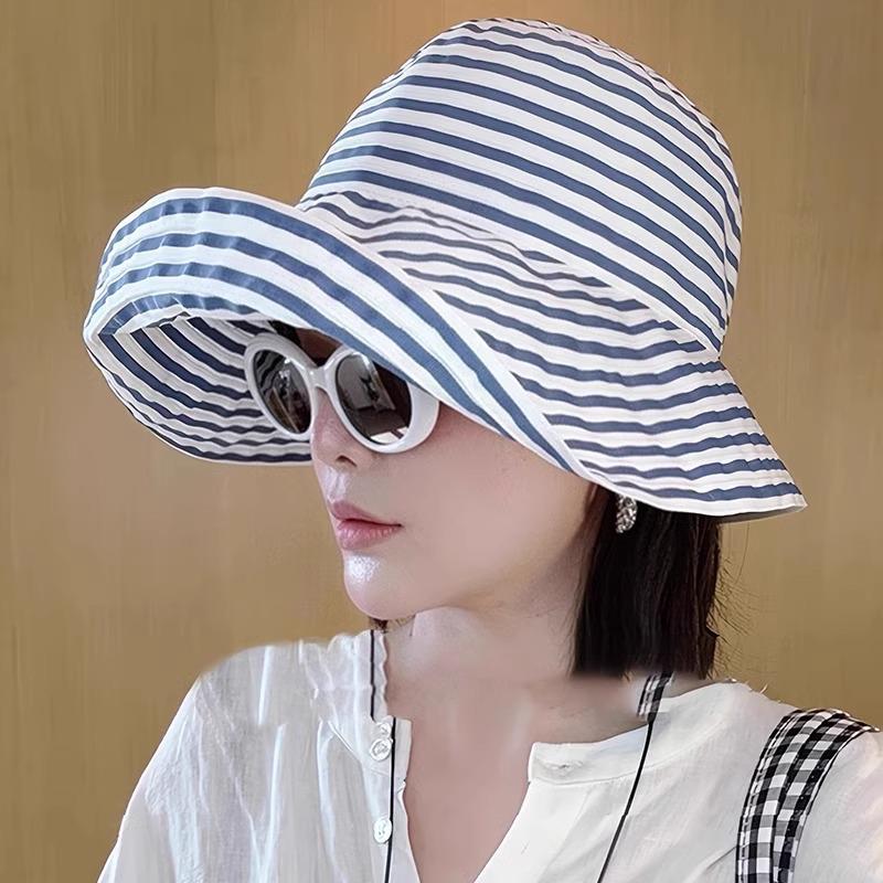 Women's Korean-Style Striped Foldable Bucket Hat with Sun Protection, Large Size