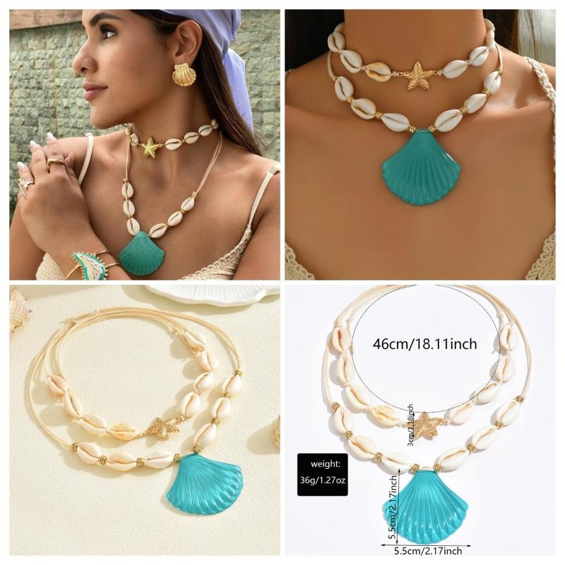 Summer Shell Starfish Conch Pendant Necklace For Women Transparent Crystal Bead Necklace Vacation Style Jewelry Accessory