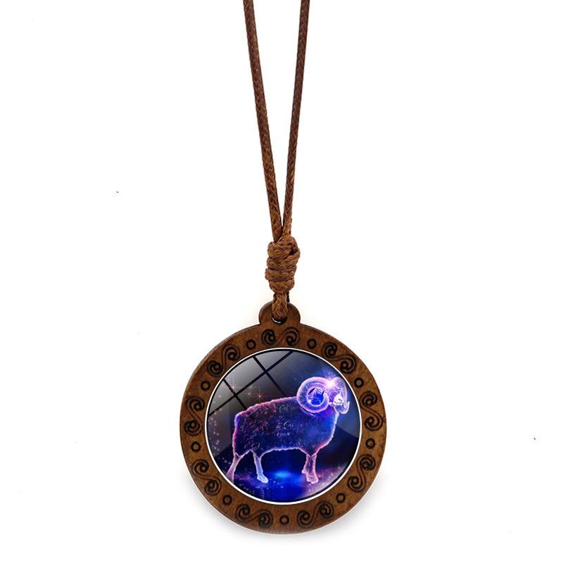 Twelve Constellations Time Glass Wooden Retro Brown Wax Rope Male and Female Couple Birthday Gift Pendant Necklace