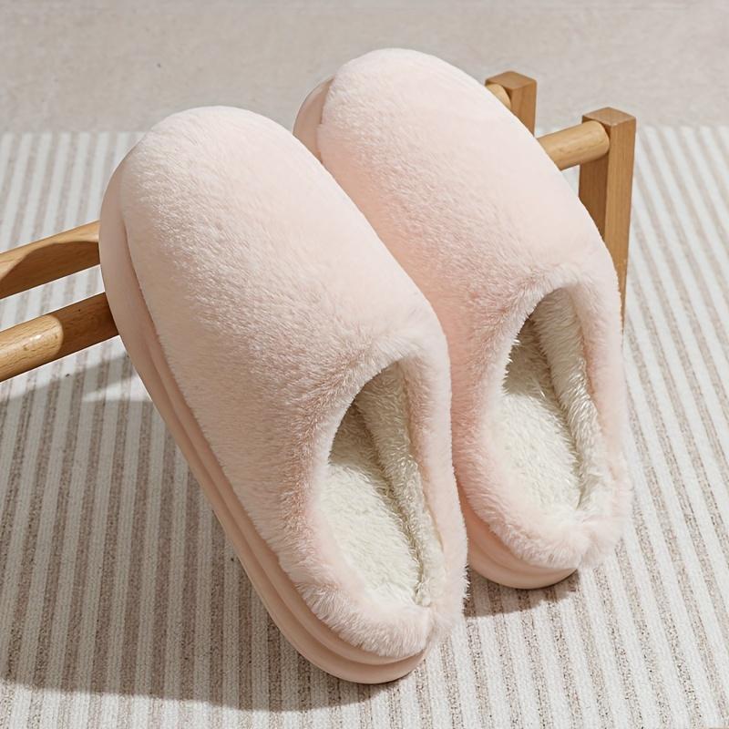 Warm and Comfortable Thickened Men's/Women's Solid Color Plush Slippers with Faux Fur Lining, Autumn and Winter Soft Sole Comfortable Home Slippers