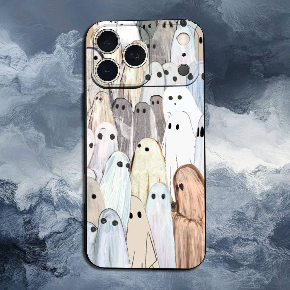 Lovely ghost Case For iPhone 12,14,15,16,17,13,11,X,Mini,Plus,Pro Max,8,7,XR,SE,XS,Soft Silicone Black