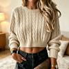 Damen Ärmel Cropped Pullover - Farbe Rundhals Lässiges Oberteil