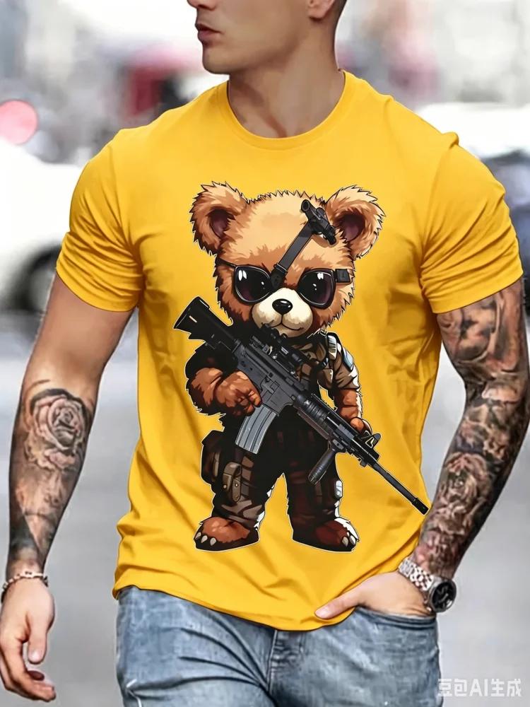 Fashion Unisexs Tactical Gun Bear Print T Shirt Cool Sunglasses Soldier Teddy Graphic Casual Streetwear Short Sleeve Tops