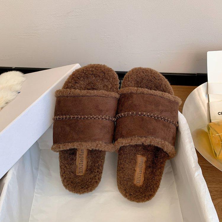 Thick-bottomed Boken Fluffy Slippers for Women's Outerwear One-word Drag with Fleece To Keep Warm 2025 New Autumn and Winter Retro Cotton Slippers