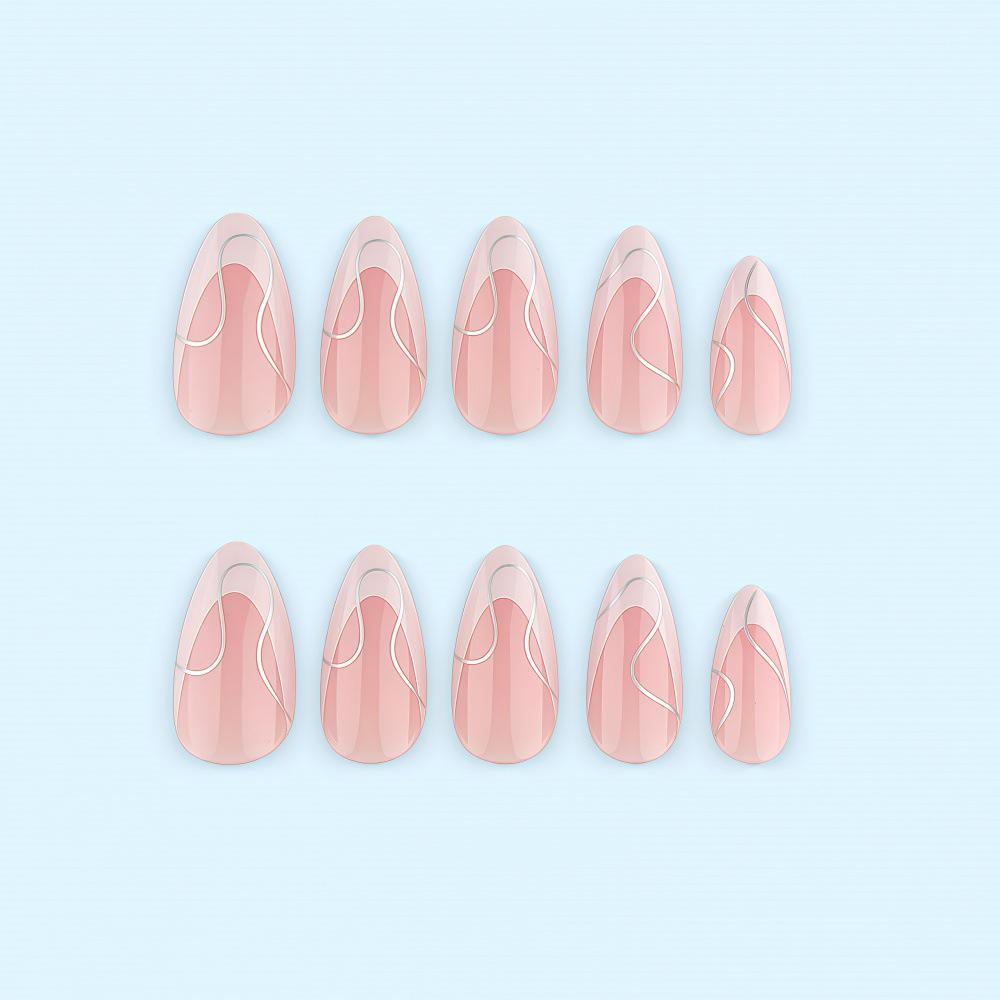 24-Piece French Silver Line Long Almond Press-on Nails
