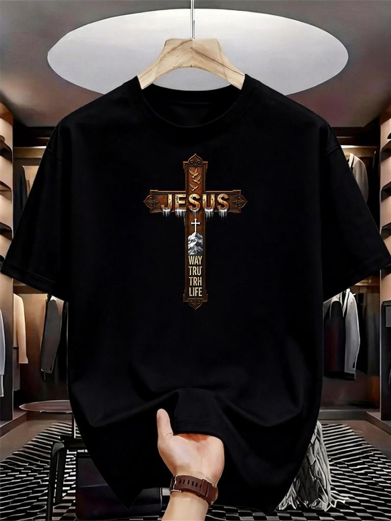 Unisex Summer Cotton Short Sleeve T Shirt Vintage Jesus Cross Mountain Way Truth Life Print Crew Neck Religious Street Male Tee
