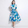 Summer Women Designer Print Runway Dress Elegant Turn-down Collar Office Work Midi Lace-up Shirt Dresses