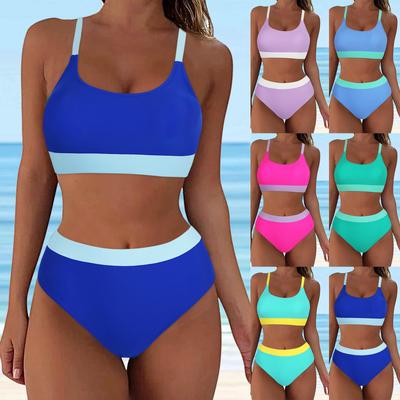 Dámské bikiny s vysokým pasem, sportovní dvoudílné plavky s barevným blokováním, vykrojené plavky, podpůrné pro velká prsa, biquinis