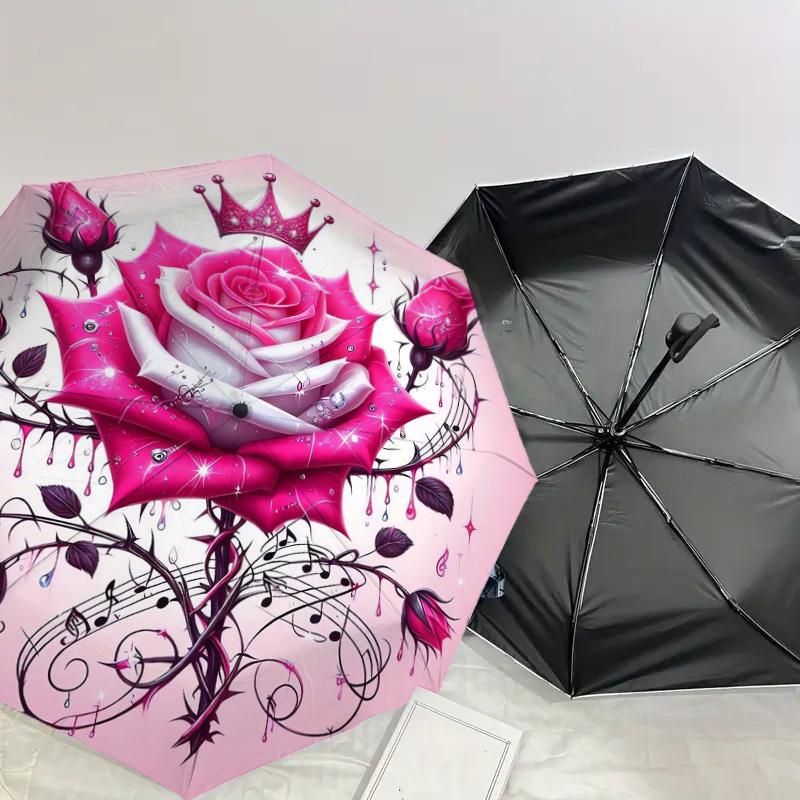 1pc Glamorous Pink Rose with Crown Umbrella with Plastic Handle,Suitable for All Seasons Home Travel Outdoor UmbrellaDD1493