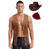 Mens Western Cowboy Costume Faux Suede Tassel Vest with Rivets Design Vintage Bandanna Hat 3 Piece Set