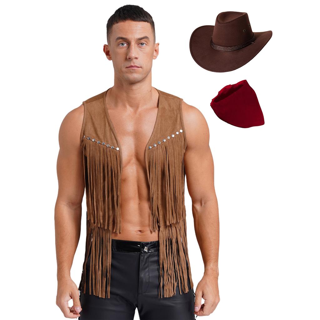 Mens Western Cowboy Costume Faux Suede Tassel Vest with Rivets Design Vintage Bandanna Hat 3 Piece Set