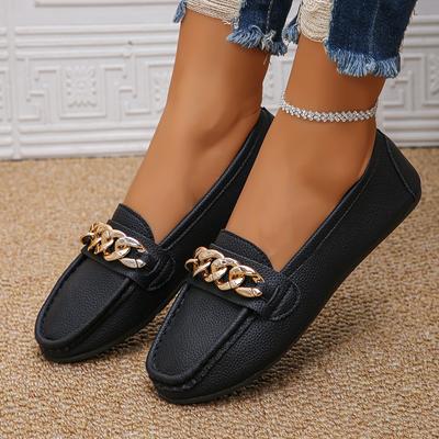 Frühling Herbst Neue Bohnenschuhe Damen Frauen Runde Zehenpartie Niedriger Absatz Metallkette Lässiges Schuhwerk Mutterschuhe Damen Loafer