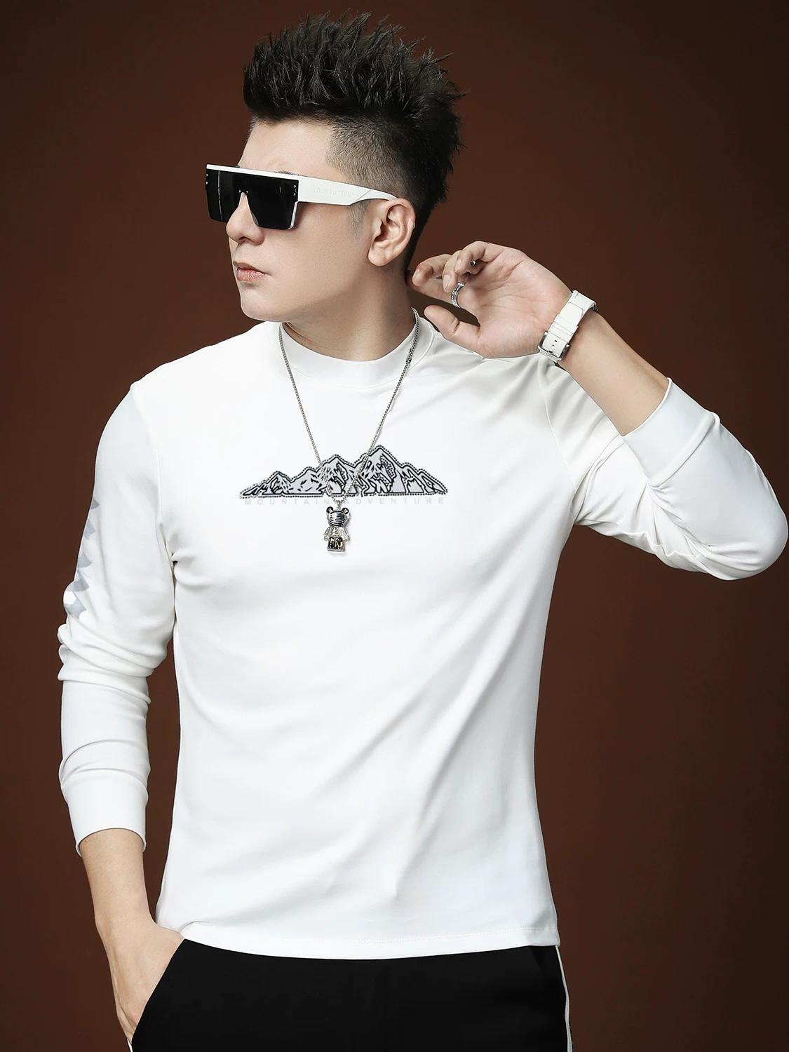

European-Style Men s Long-Sleeve T-Shirt with Lettering and Gold Stamping, 2025 Autumn New Fashion Brand Slim-Fit Top for Men 3XL белый