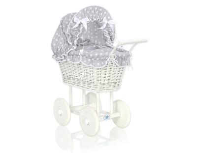 Tall Wicker Doll Stroller with Gray Bedding and Lining - White