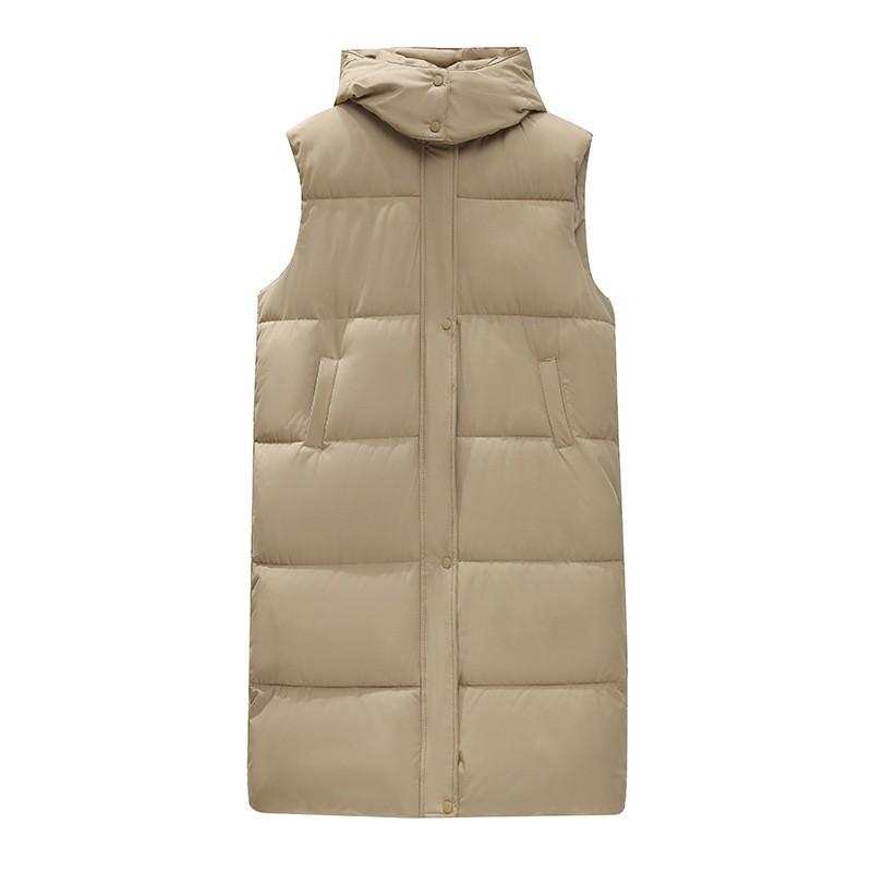 Womens Long Puffer Vest Over-Knee Warm Hooded Sleeveless Coat With Drawstring Waist