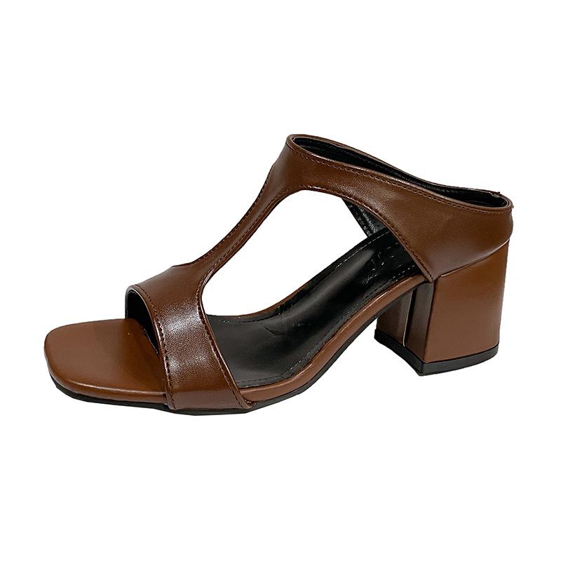 Summer New Thick-heeled Slippers Women's Outer Wear Square Head Open-toed One-word Drag Large-size High Heels