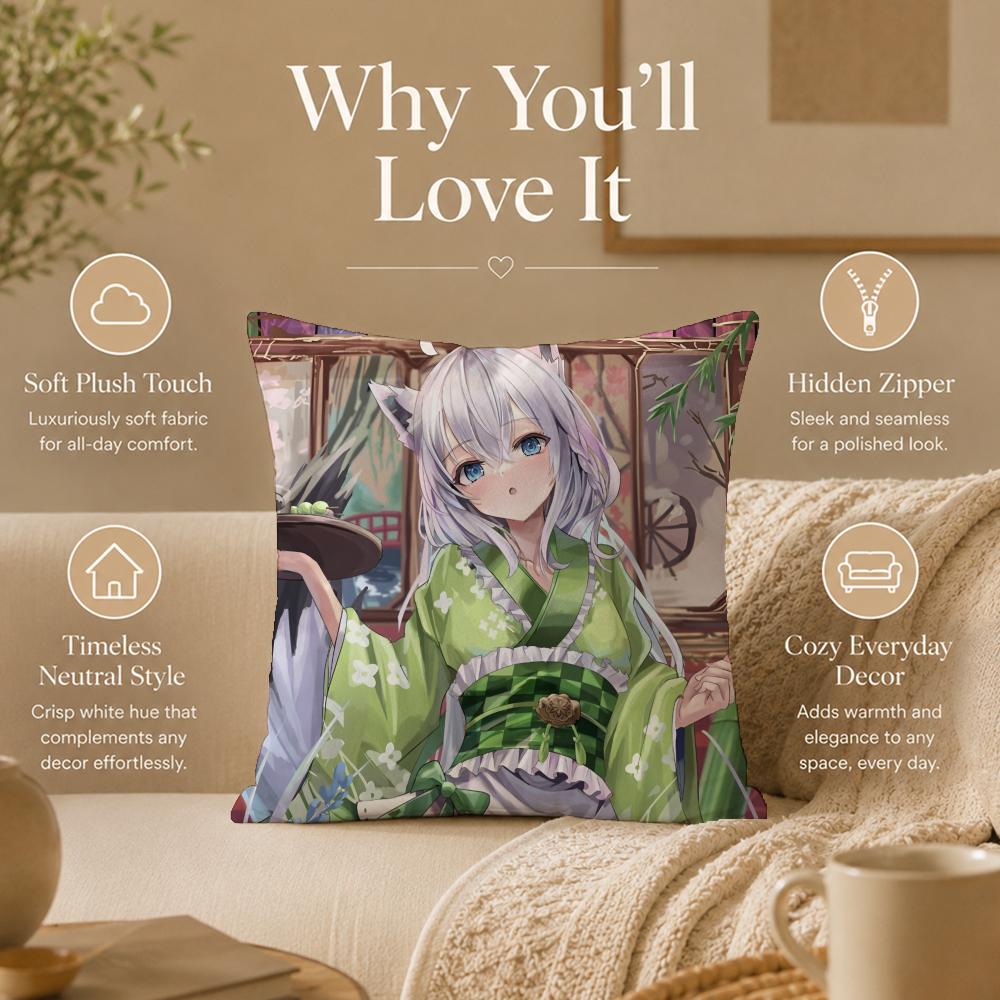 Vtuber S-Shirakami FubukiS Cushion Cover Double-Sided Printed Pillow Cover Hypoallergenic Dust-Mite Proof