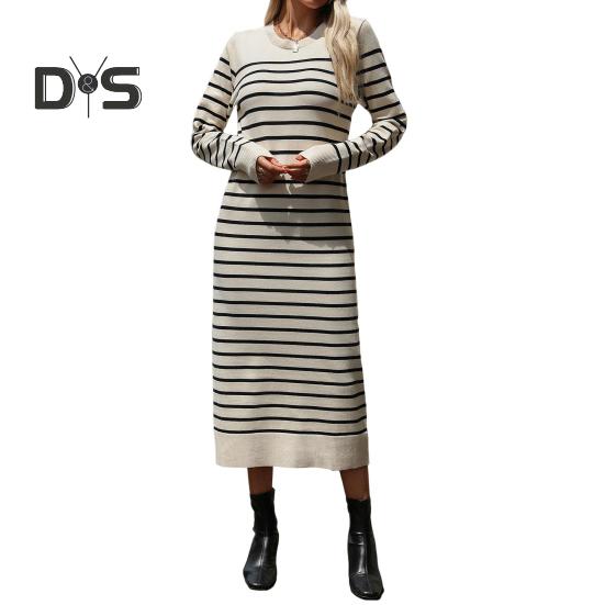 

Платье женское осень-весна с круглым вырезом, полосатым принтом, облегающим кроем, длинными рукавами, длиной до середины икры, трикотажное платье миди для свиданий и поездок на работу M абрикосовый