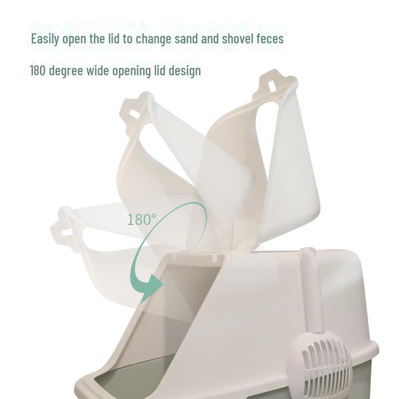 Uzavřená kočičí toaleta s odklápěcím víkem, deodorizační funkcí a lopatkou, odolná proti stříkající vodě a nadměrně velká pro snadné čištění