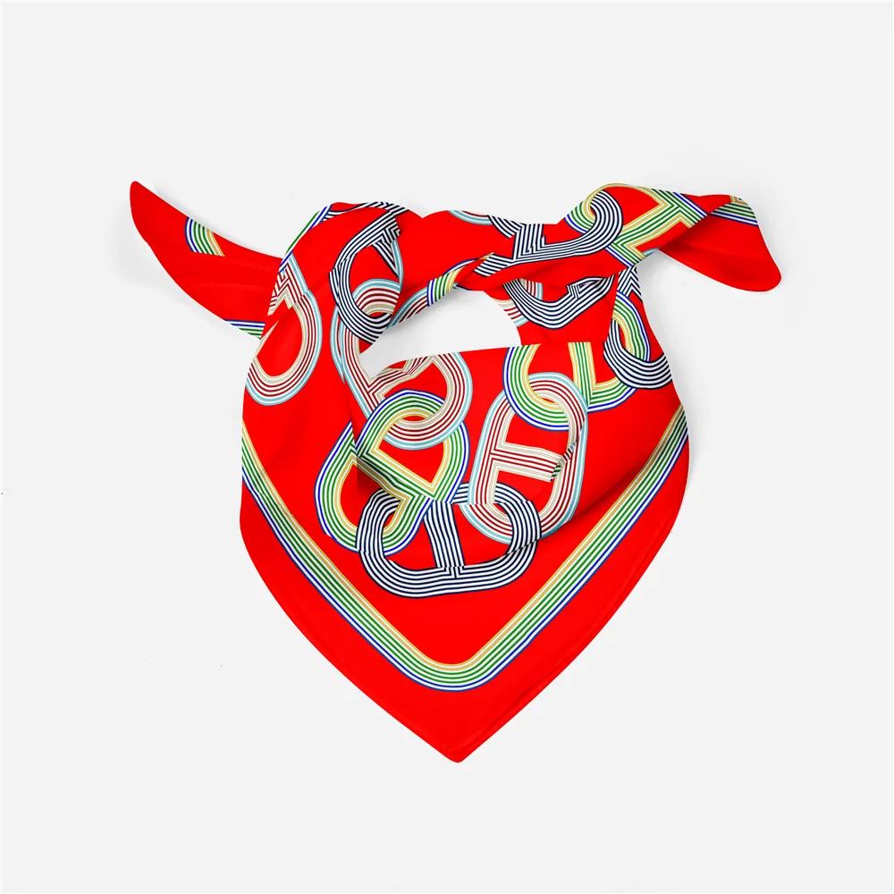 Twill Silk Scarf Woman Chain Print Square Scarves Wraps Bandana Small Hijab Foulards Lady Tie Headband Neckerchief 53CM