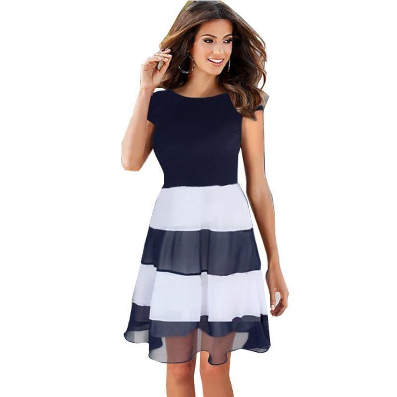 

Женское шифоновое платье премиум-качества в полоску с короткими рукавами и застежкой-молнией L темно-синий