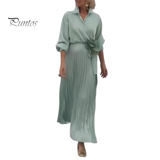 Women Dress Lapel V-Neck Long Sleeve Lace-up High Waist Long Dress Solid Color Pleated Hem Shirt Dress