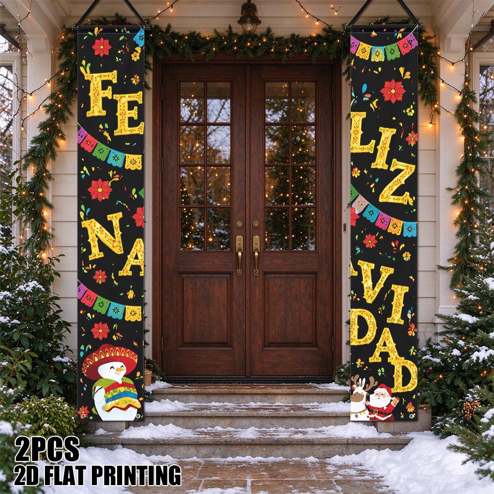 2D Flat, 2D Flat Printing 2pcs Feliz Navidad Party Christmas Porch Couplet Hanging Flags, Festive Christmas Themed Event Decoration, Prop for Indoor a