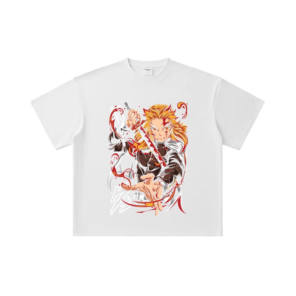 260 GSM Double Yarn 32 Count 100% Cotton Demon Slayer V85 Rengoku Print Unisex Heavy Cotton T Shirt