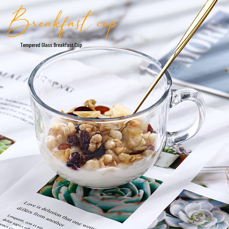 Glass Breakfast Cup with Lid and Handle for Oats, Yogurt, Milk, Coffee - Large Capacity, Transparent