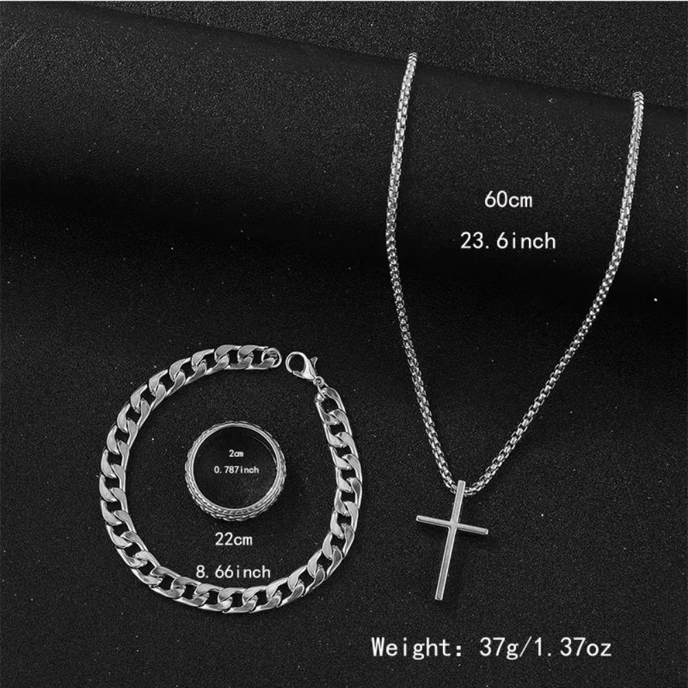 Ensemble 3 pièces Mode Hip-hop Couleur Argent Chaîne Cubaine Pendentif Croix Collier Bracelets Bagues pour Hommes Ensembles de Bijoux Personnalité Cadeaux