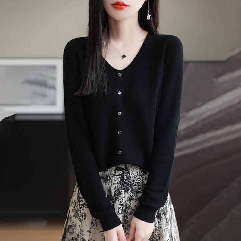 Women's 100% Fine Wool V-neck Loose Cardigan - Single-Breasted Solid Color, Casual Fashion
