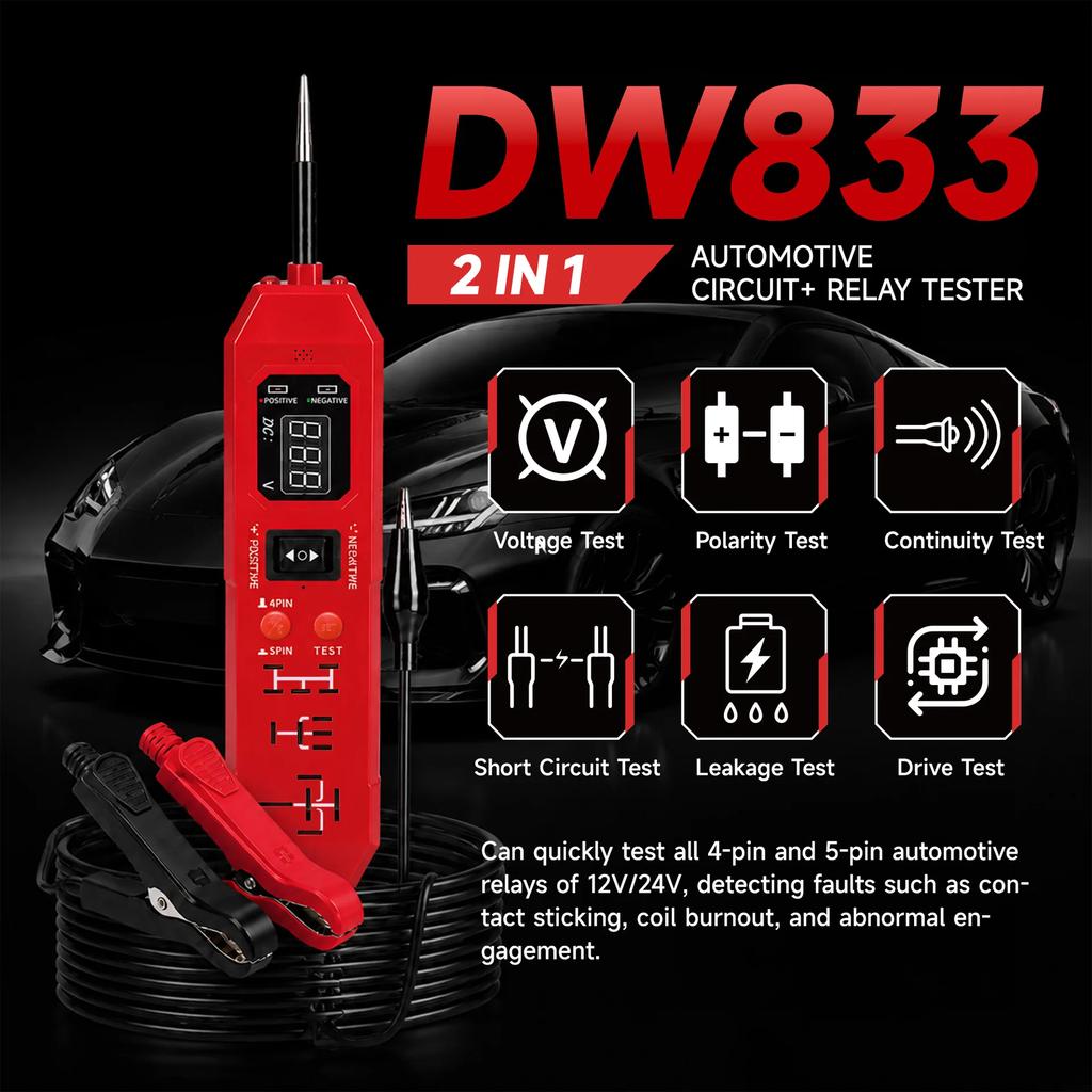 DW833 2 IN 1 Automotive Circuit Tester Automotive Relay Tester LED Display Universal 12V /24V Automotive Electronic Relay Test