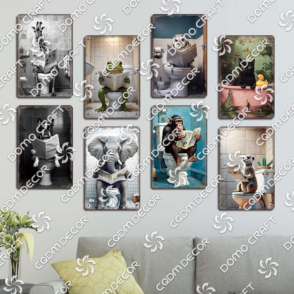 Funny Toilet Tin Sign Vintage Metal Poster Rabbit Raccoon Cat Dog Metal Plates Retro Wall Decor for Cafe Bathroom Home