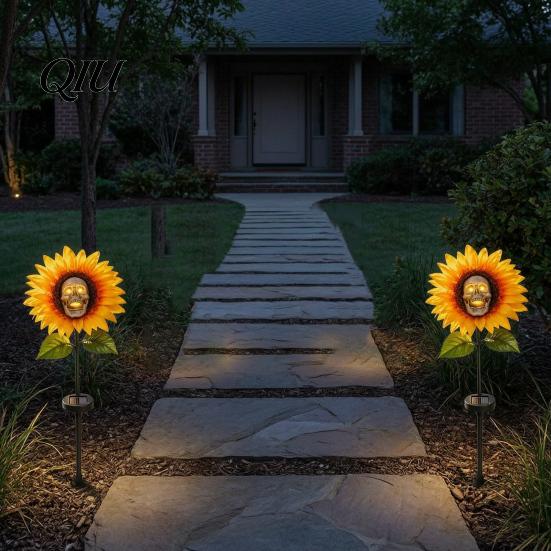 Solar Garden Lights Outdoor Waterproof Stake Light, Gothic Skull And Sunflower Statue Lamp, Halloween Decor LED Landscape for Patio Lawn Yard Pathway