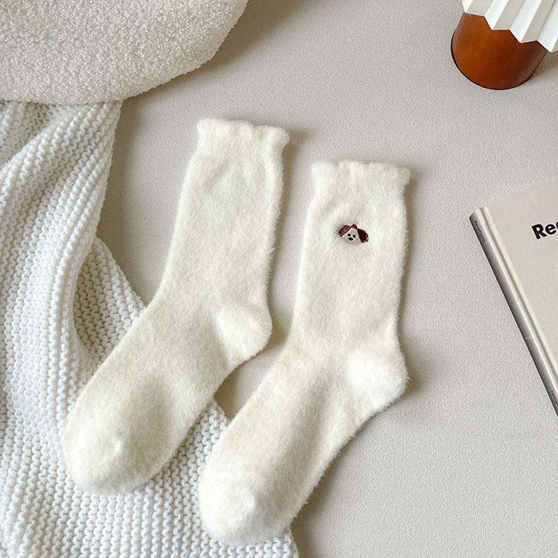 Cute Animal Cartoon Mink Fleece Socks White Middle Socks Thick Warm Home Floor Socks Girly  Versatile Accessory Sock Gift