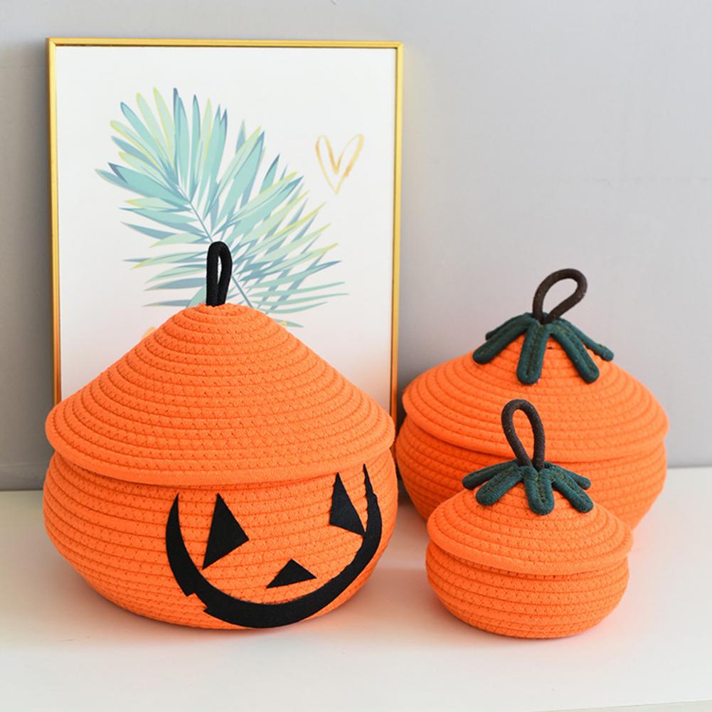 Natural Rope Handmade Basket Handmade Halloween Woven Pumpkin Basket with Lid for Candy Storage Trick or Treat Fun Cute for Kids