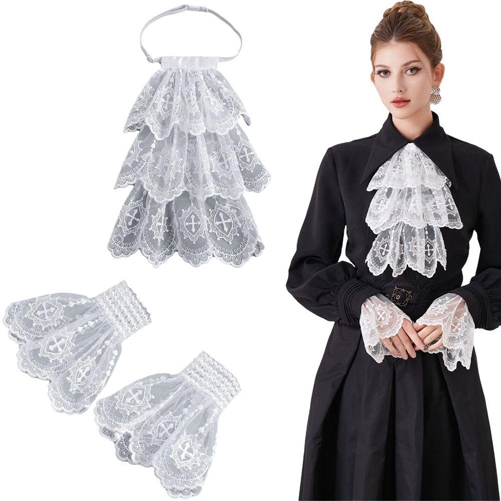 Victorian Style Lace Jabot Collar Detachable White Wrist Cuffs Sleeves Cosplay Accessory Ruffled Fake Collar