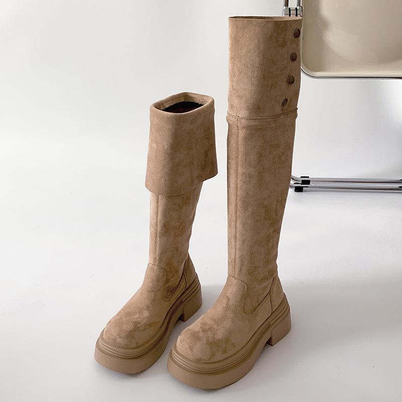 Fashion temperament retro knee thick-soled boots women's 2025 new autumn and winter thin small height-increasing knight boots