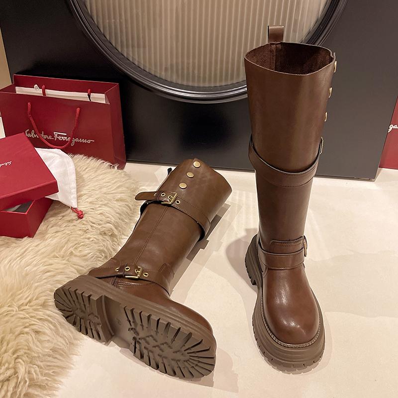 Winter Punk Stil Damen Kniehohe Stiefel Mode Gürtelschnalle Lange Stiefeletten Damen Casaul Plateauabsätze Botas Mujer