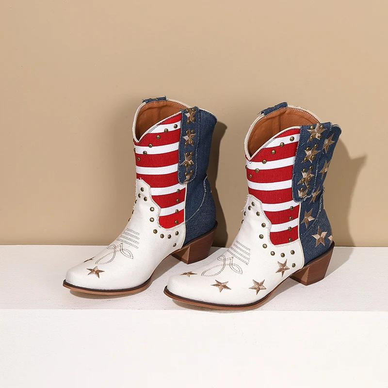 Women's Cowboy Western Boots USA Flag Ankle Booties Denim Studded Rivets Embroidery Stars Stripes Heeled Shoes 2025 New Footwear