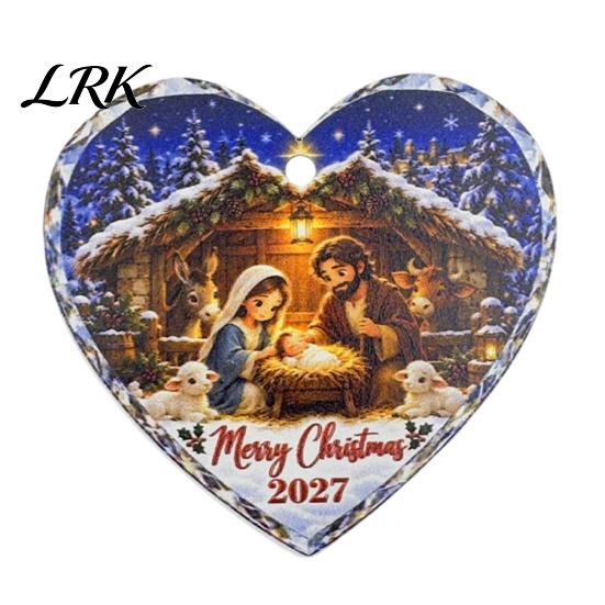 Christmas Fireplace Decorative Accents Wooden Nativity Hanging Ornament for Tree Decorations, Retro Religious Heart Shaped Pendants Scene Garland