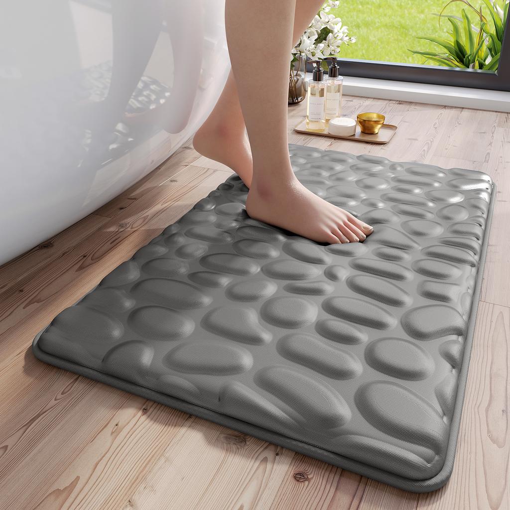 Pebbles Design Bath Mat | High-Elastic Memory Foam Bathroom Rug | Cool Ice Silk Fabric | Quick-Dry & Non-Slip Shower Mats