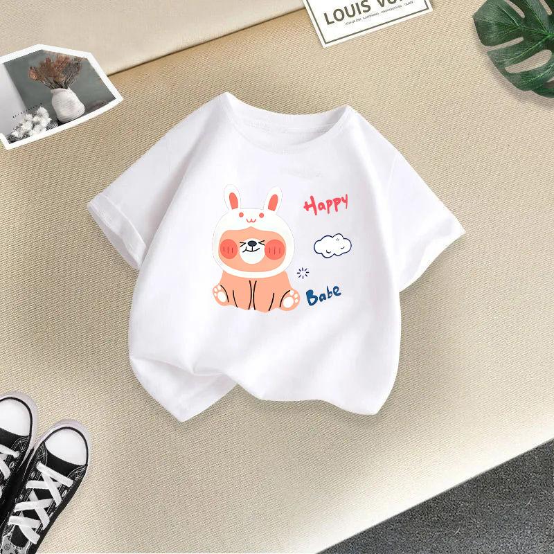 Dziecięcy T-shirt Urocze Zwierzęta Nadrukowane Dzieci 100% Bawełna Bluzki 2-13L Luźny Krój Casual O-Neck Krótki Rękaw T-shirt