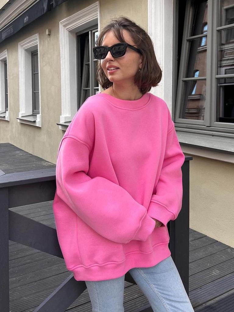 Women's European & American Oversized Fleece Crew Neck Sweatshirt - Solid Color for Autumn/Winter 2025