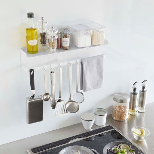 Yamazaki Magnetic Wide Kitchen Tool Hook & Tray, White, Approx. W50 x D11.5 x H11cm, Tower Kitchen Storage, Kitchen Paper Holder, Kitchen Tool Holder,