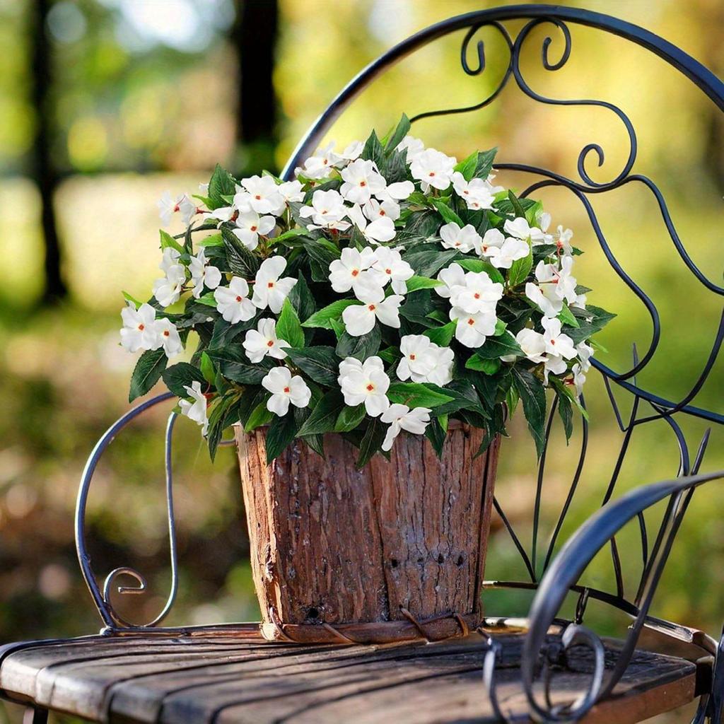 4Pcs Artificial Impatiens Flowers, Faux Impatiens Bushes Yellow Artificial Impatiens Bouquet for Patio Lawn Garden Pot Hanging Basket Porch Decoration
