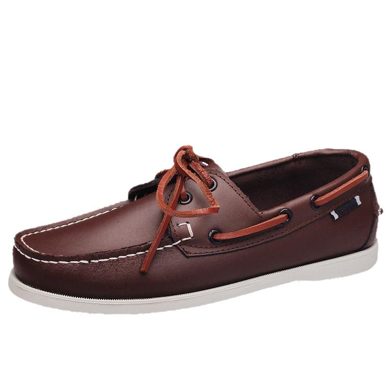 Plus Size Men's Casual Lace-Up Genuine Leather Boat Shoes with Rubber Sole for Driving