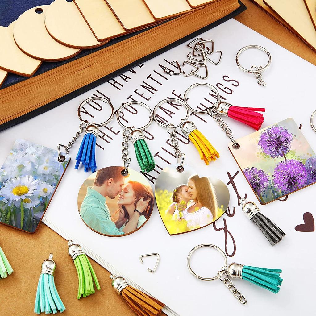 96/160PCS Unfinished Wooden Keychains Blank Sublimate Keychain Key Ring With Leather Tassel For Decor Making DIY Craft Tags