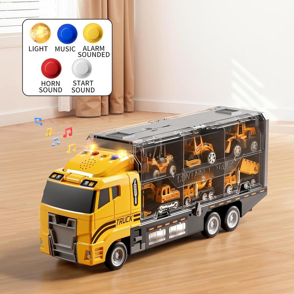 Toddler Boys Construction Truck Vehicle Toy Set with Play Mat and Die-Cast Toy Car, Transport Carrier Truck for Kids 3-5